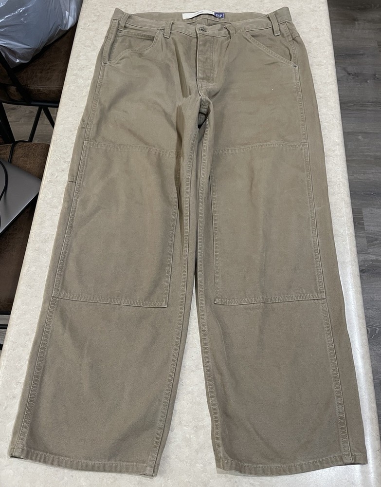 Gap Miner Double Knee Pants Mens 36x30 Tan Canvas Button Fly Wide Leg Baggy