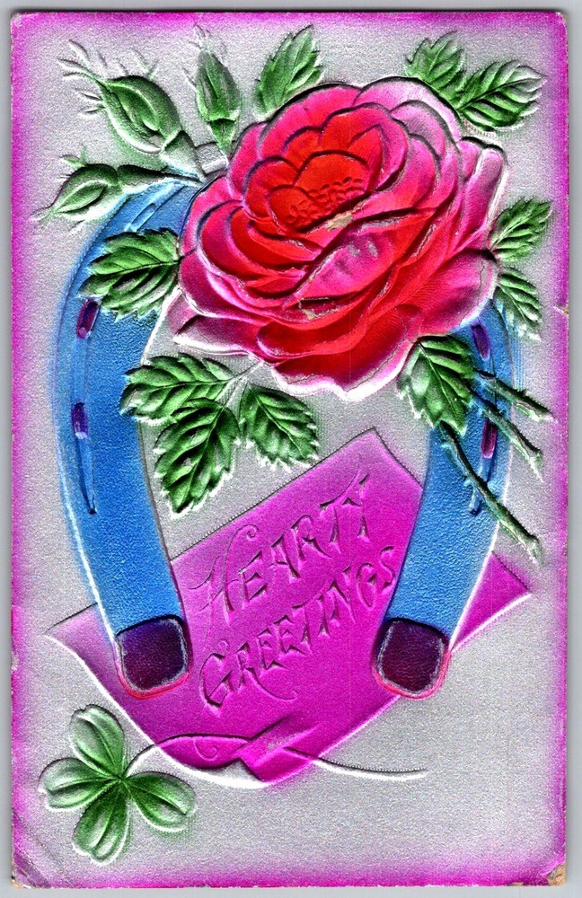 Antique Postcard Hearty Greetings Horseshoe Rose 1910s