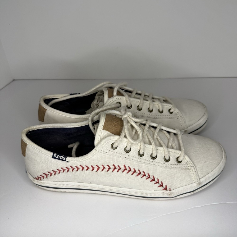 Keds Womens 8 Kickstart White Canvas Red Stitch Baseball Lace Up Sneakers