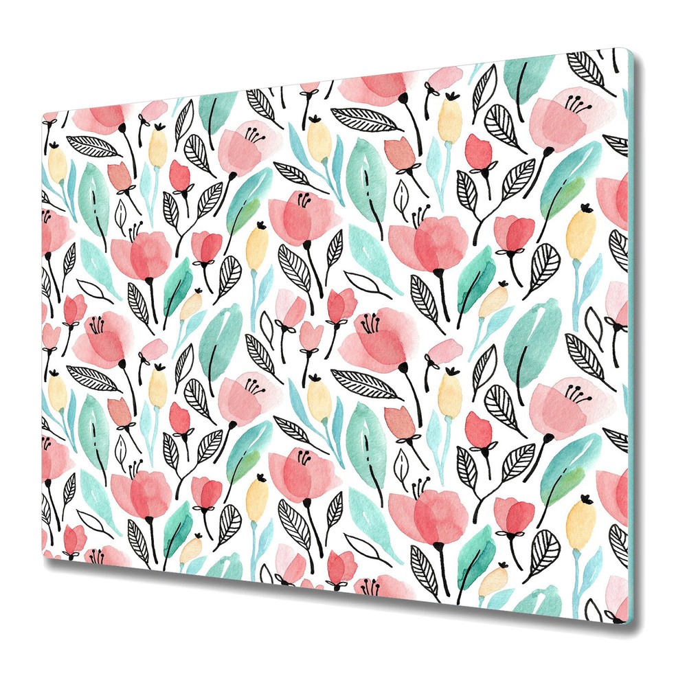 Glass Chopping Cutting Board Worktop Saver Watercolour flowers red 60x52