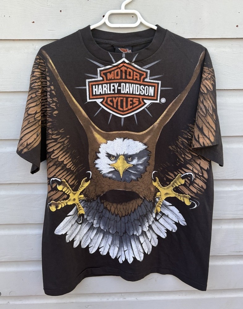 VTG 1996 Harley Davidson AOP Eagle Iron Thunder Biker T-Shirt Large 90s USA