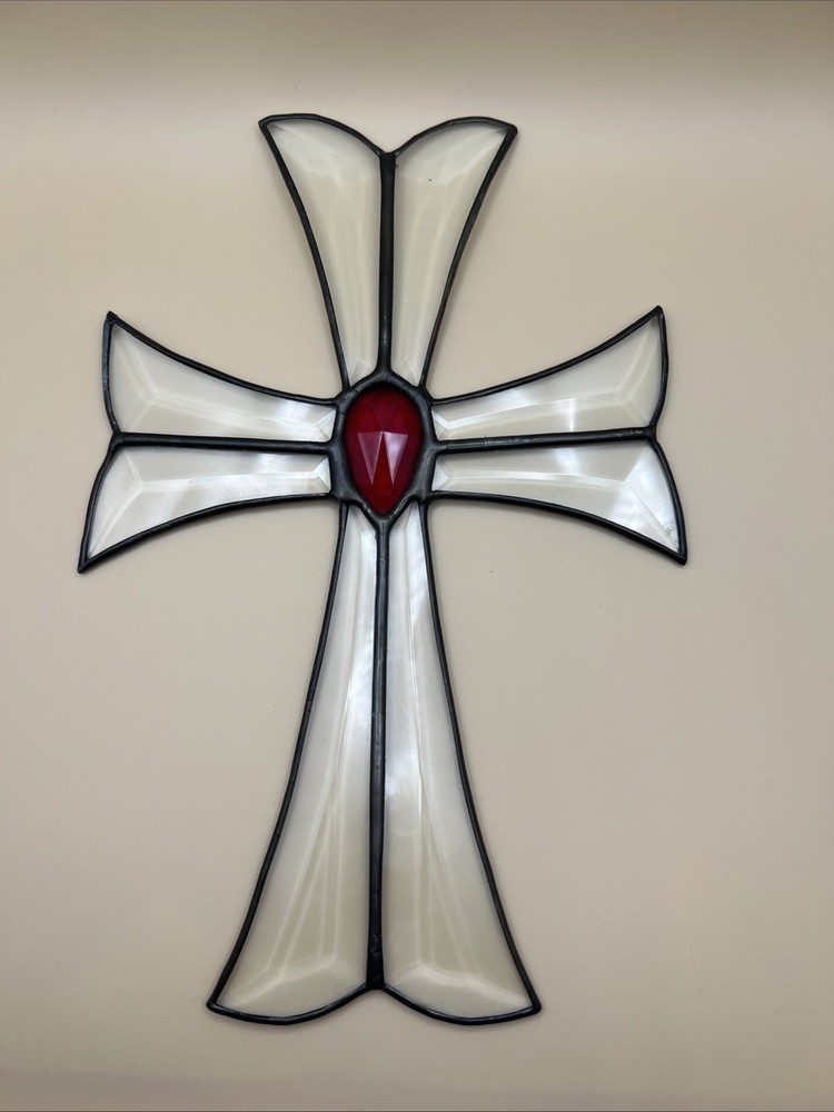 Vintage Stained Glass Cross Hanging Suncatcher Clear 9.75”x 6.25” Beveled Glass