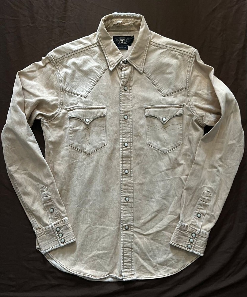 RRL DISTRESSED BROWN DENIM WESTERN SHIRT Double RL Repair Brown Denim Western