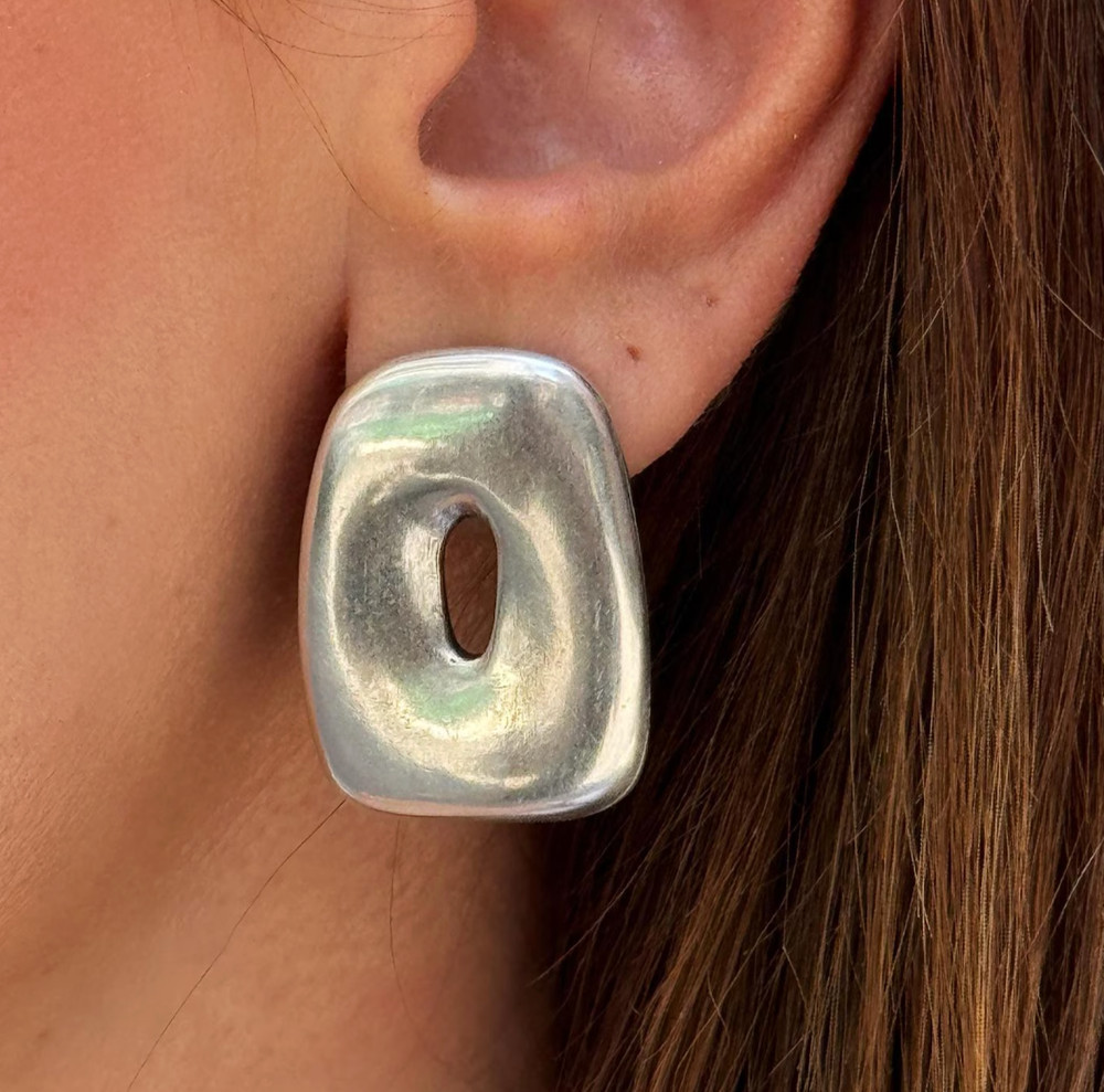 Greek Handmade Silver Rectangular Stud Earrings Modernist Chunky Geometric Jewel