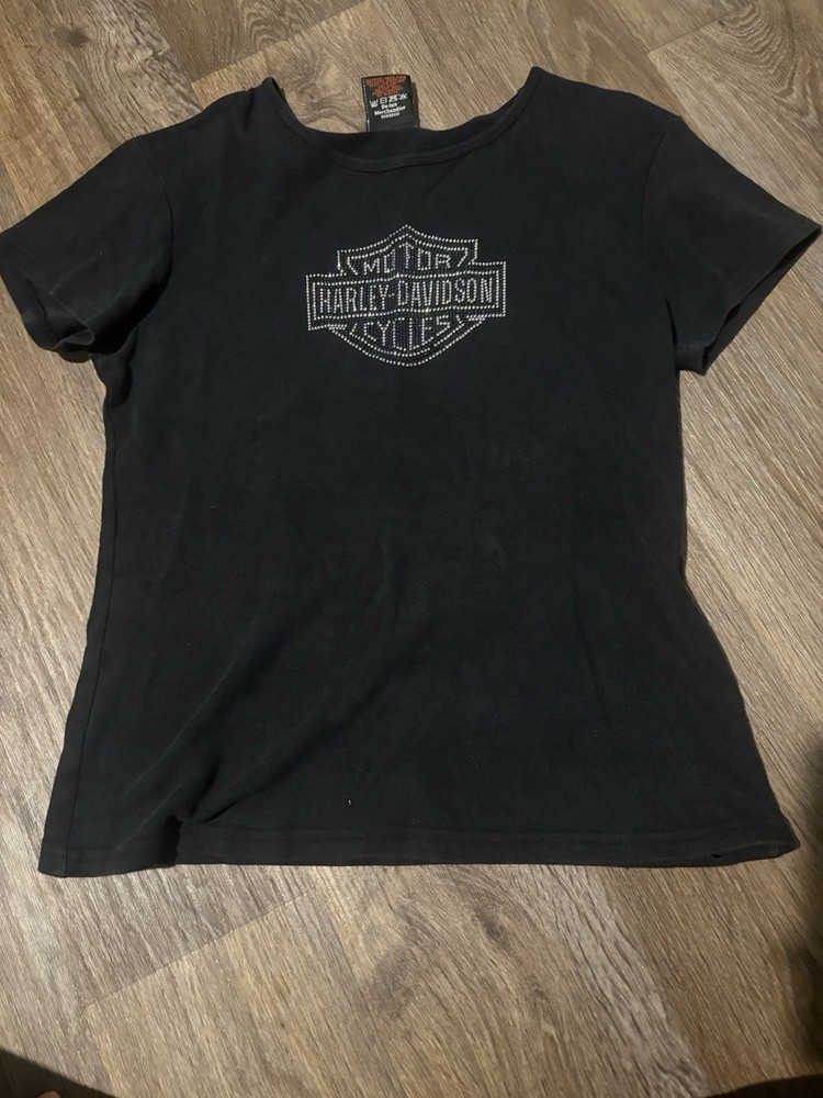 Y2K Harley Davidson Rhinestone Bling Black Motorcycle Shirt Women's Size Large