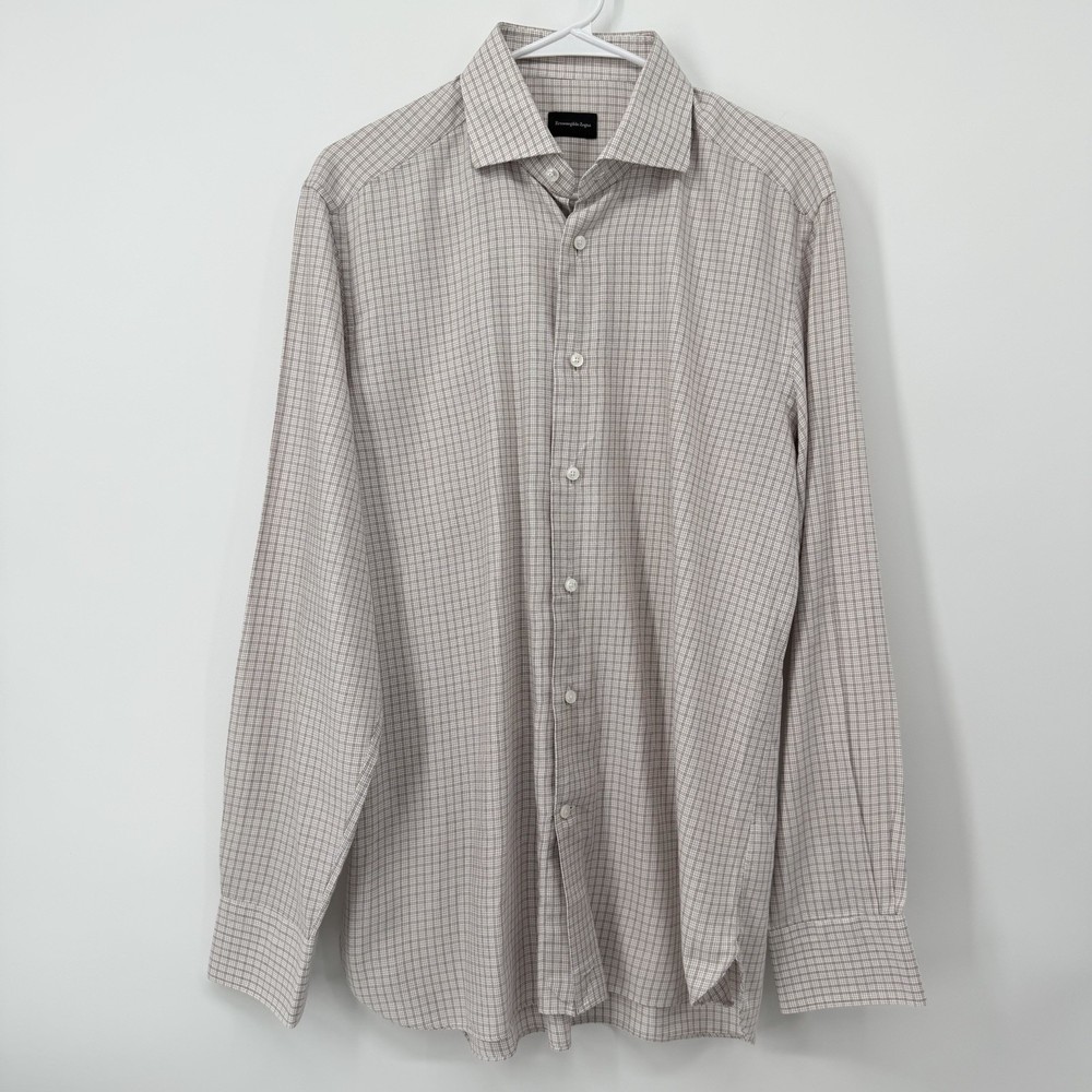 Ermenegildo Zegna Red Plaid Button Down Shirt Long Sleeve Mens Size 16 41