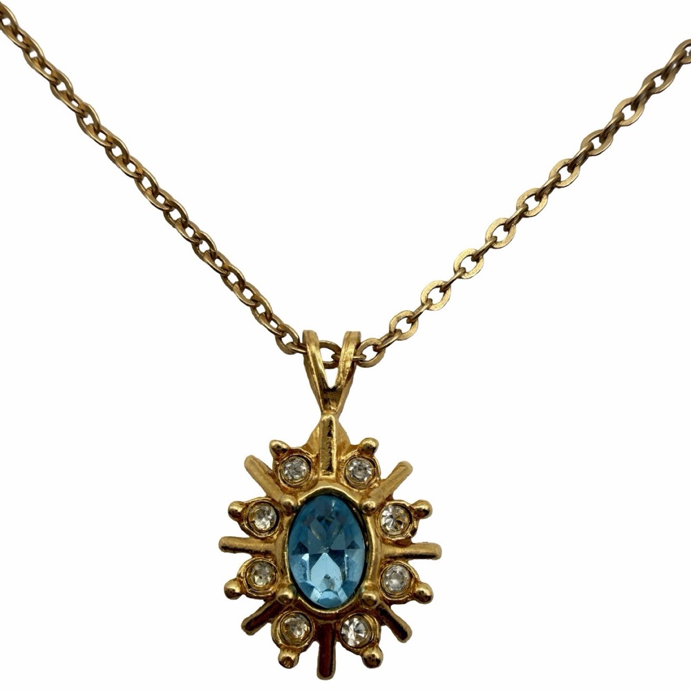 Vintage Avon Blue Rhinestone Starburst Pendant Necklace Gold Tone 18 Inch