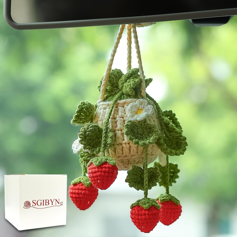 Crochet Hanging Plant for Car,Car Decorations Interior,Plant Strawberry Aesth...