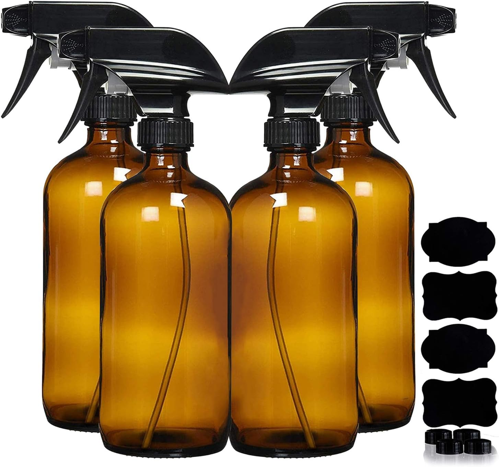 Amber Glass Spray Bottles for Cleaning Solutions (4 Pack) - 16 Ounce, Refillable