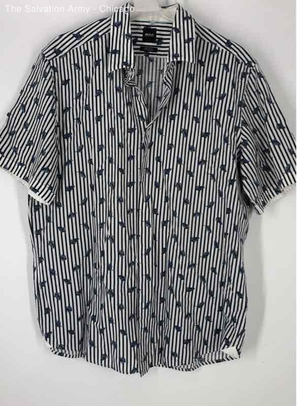 Hugo Boss Mens White Black Striped Feathers Cotton Blend Button-Up Shirt Size XL