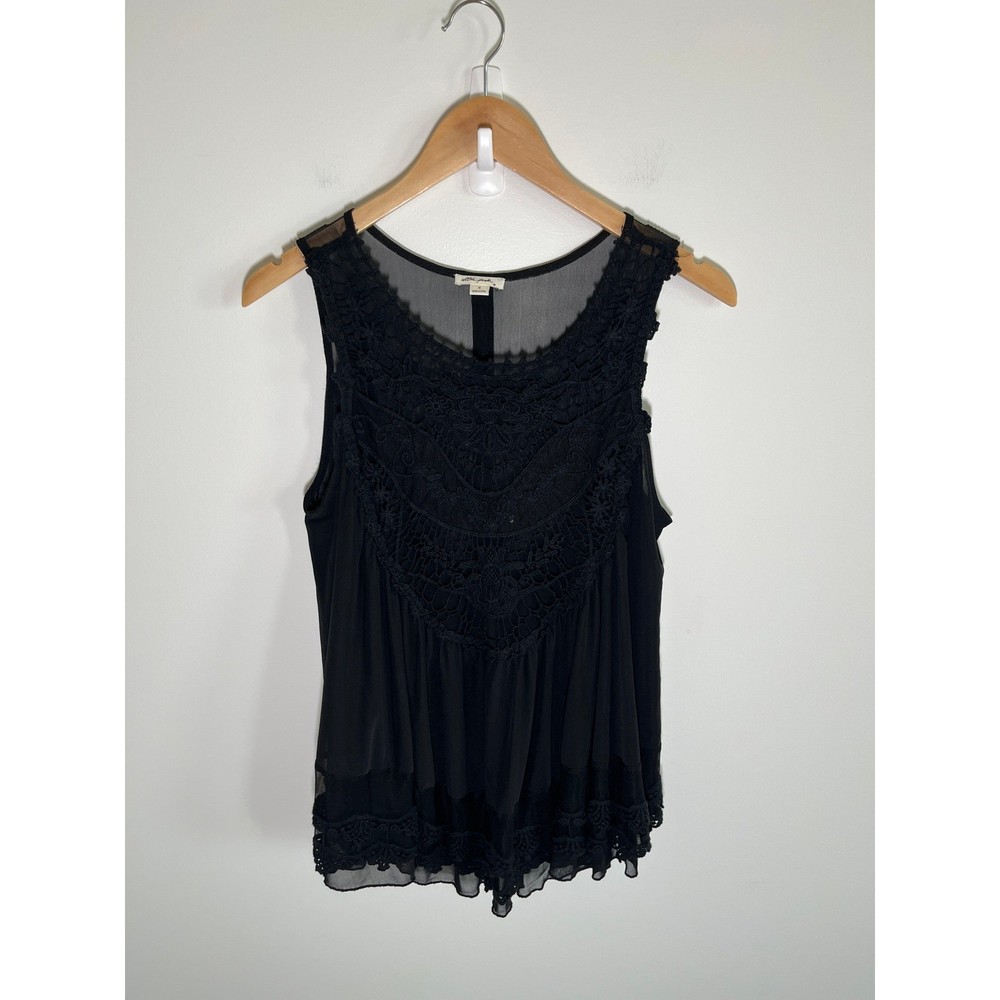 Whimsigoth Boho Dark Fairy Witchy Womens Top M Black Crochet Sheer Festival
