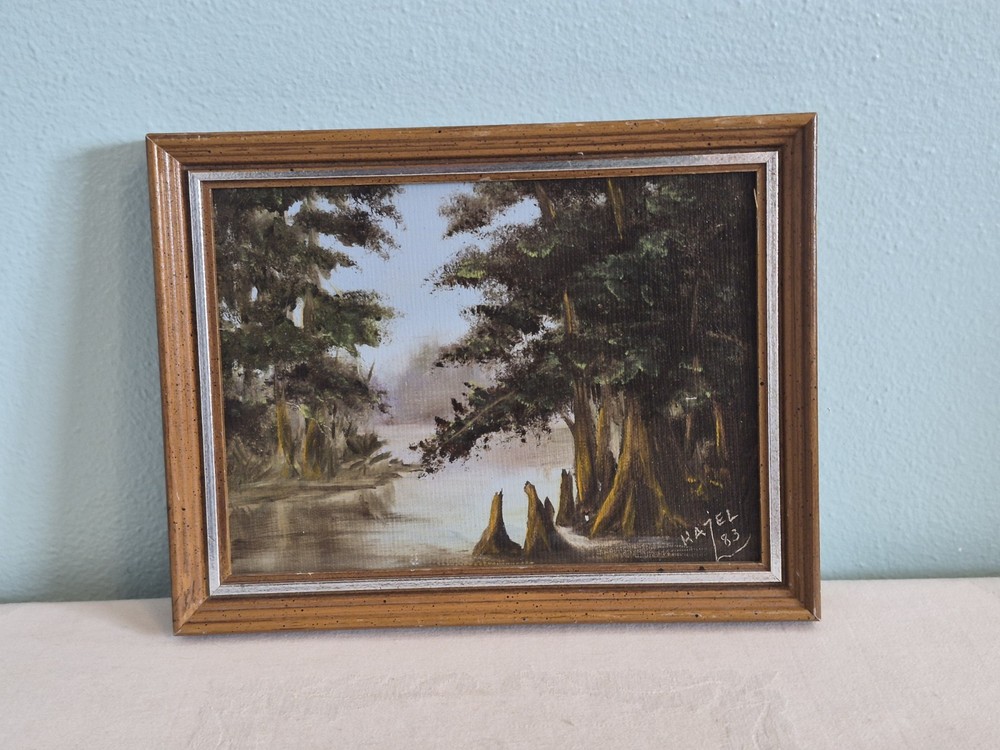 Original Oil Painting Lakefront Forest Vintage 9x7 Inch