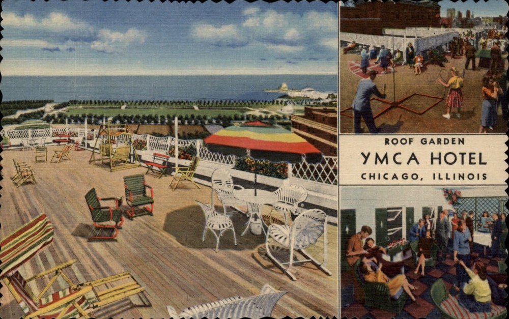 Chicago Illinois YMCA Hotel Roof Garden multiview ~ 1940s linen postcard