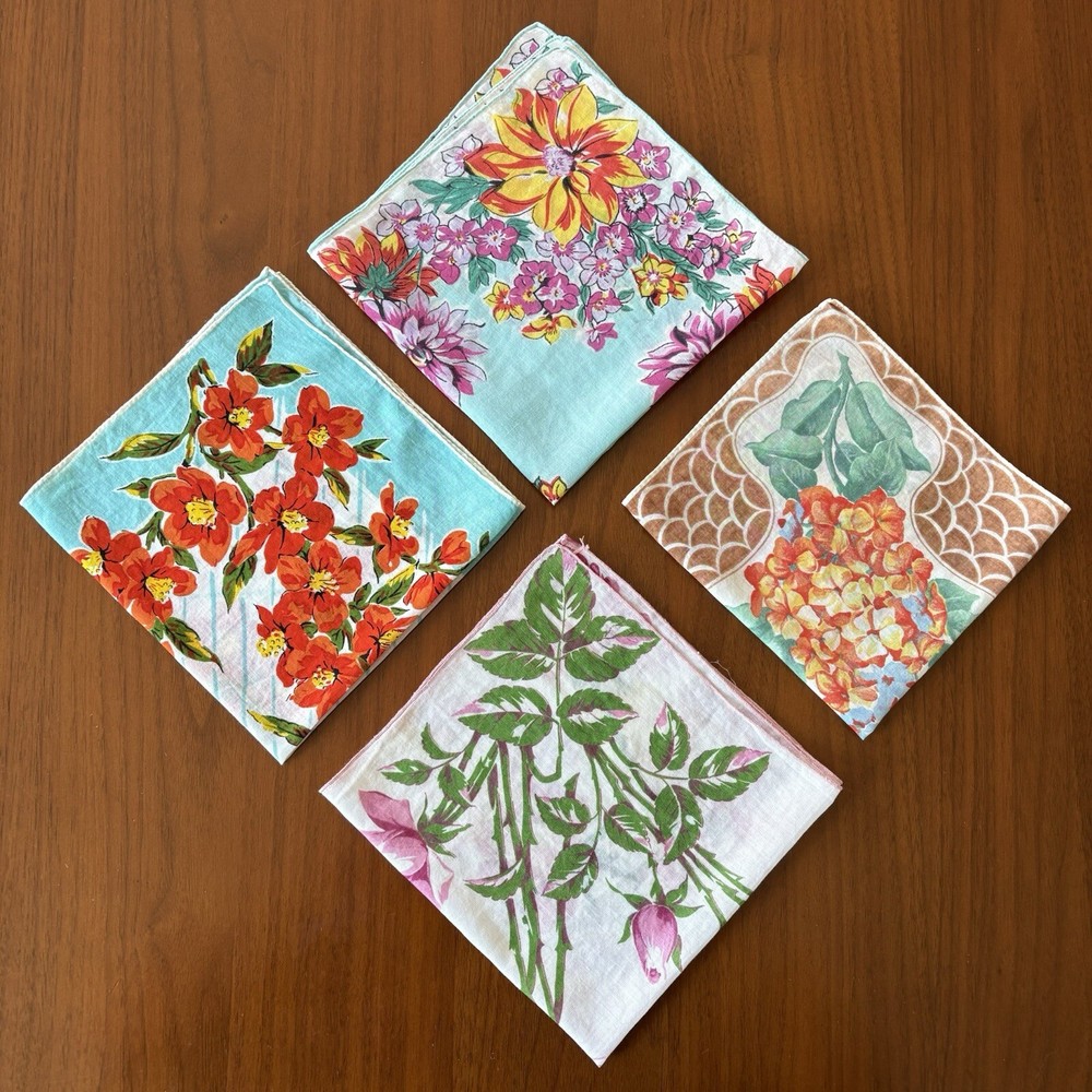Vintage Bright Floral Handkerchiefs, Lot of 4