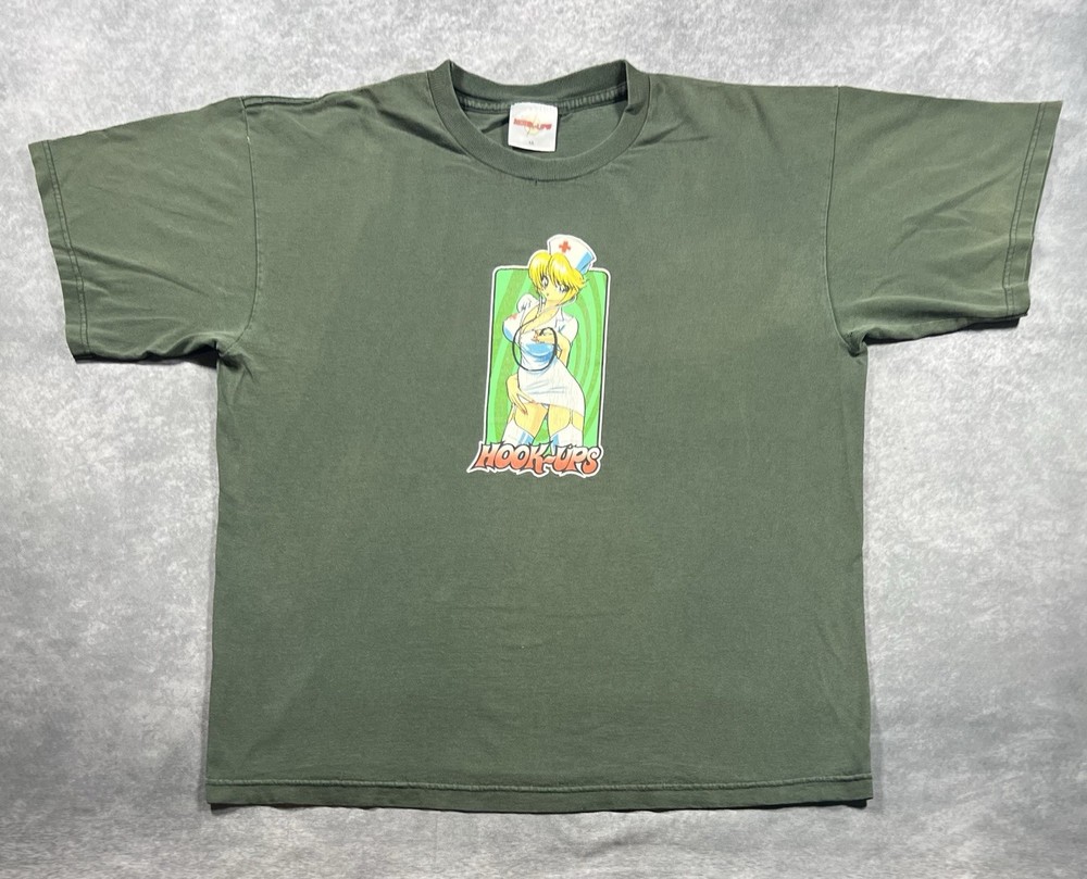 Vintage Hook Ups Skate T Shirt Nurse Trixie Anime 1998 Size XL Green Natsume