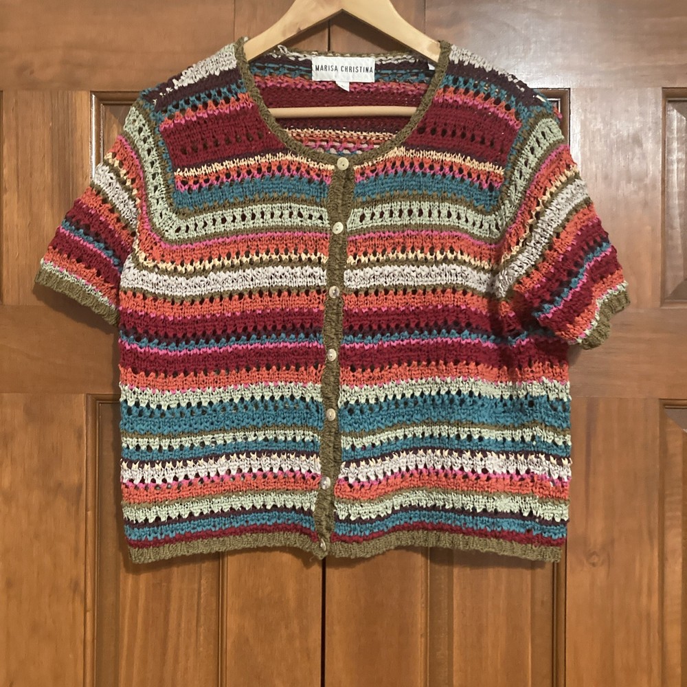 Vintage Marisa Christina Chunky Knit Multi Color Short Sleeve Cardigan Womens L