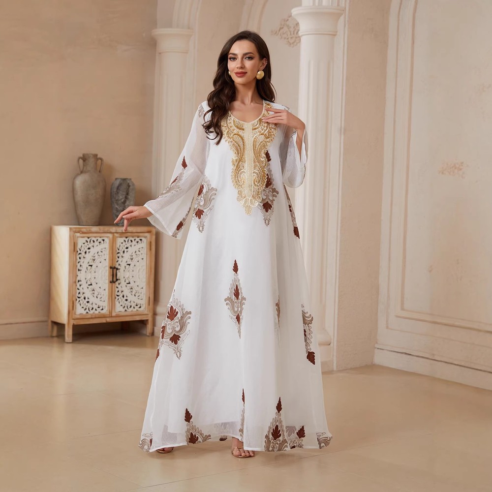 Embroidery Sequins Ramadan Long Dress Muslim Women Abaya Dubai Kaftan Turkey Eid
