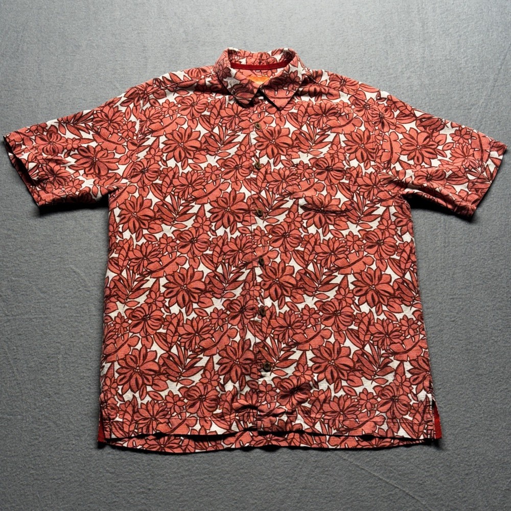 Tommy Bahama Mens Small 100% Silk Floral Short Sleeve Button Up Camp Shirt Coral