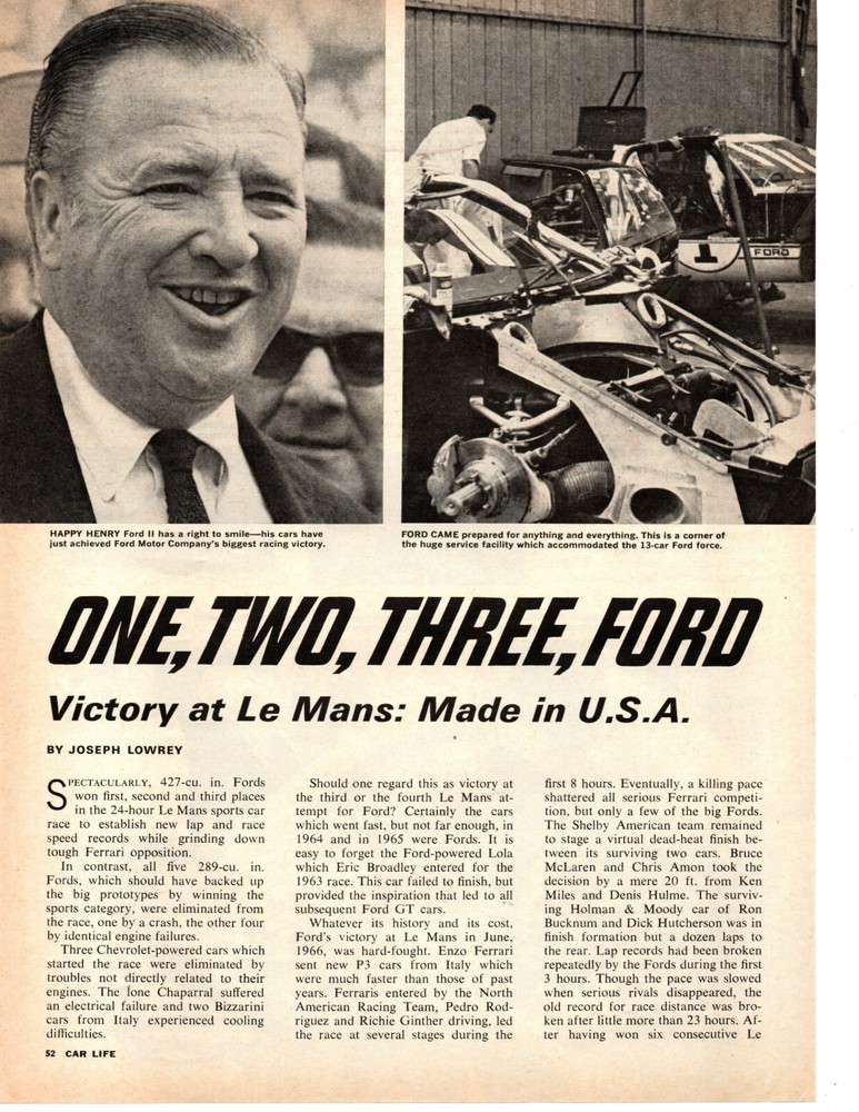 1966 FORD VICTORY AT LE MANS / ONE, TWO, THREE ~ ORIGINAL 4-PAGE ARTICLE / AD