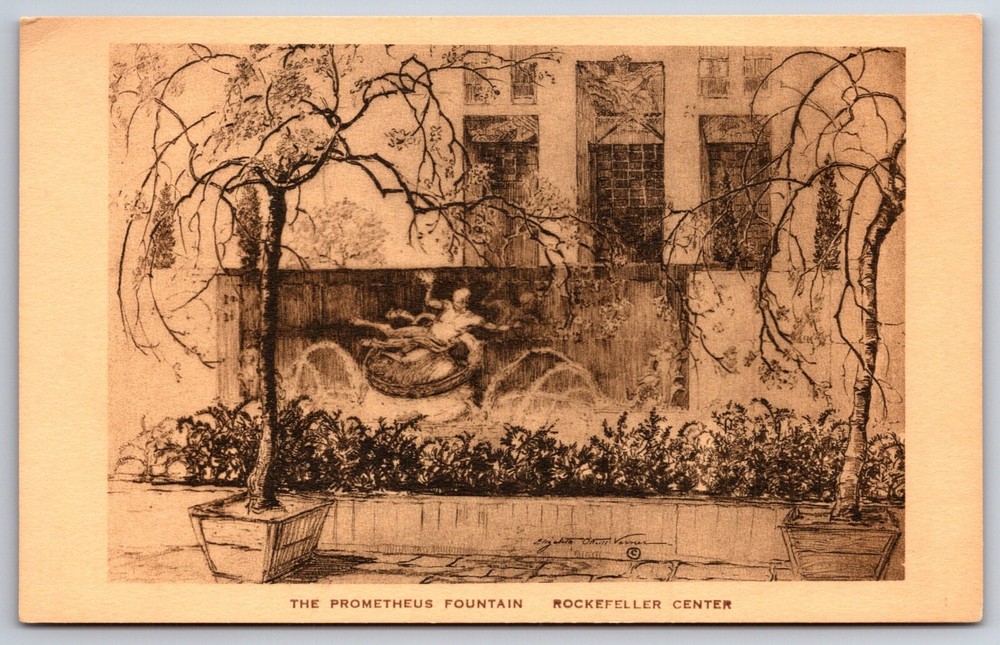 Sketches~New York City~Prometheus Fountain @ Rockefeller Center~Vintage Postcard