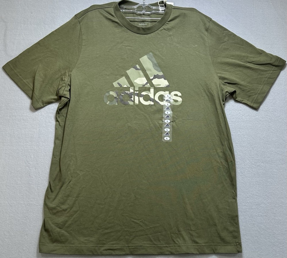 Adidas T-shirt Adult L Beige Go-To Performance Tee Short Sleeve Camo Logo