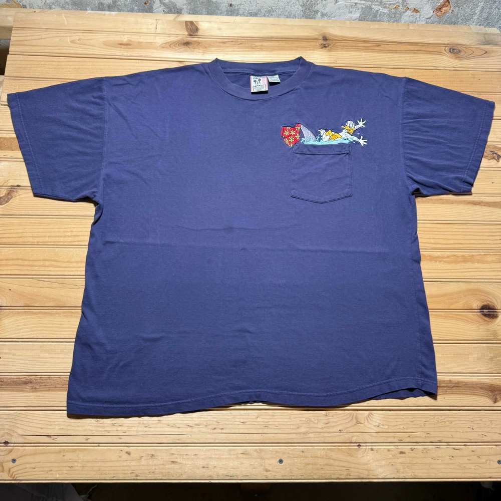 Vintage 90s Disney Donald Duck Swimming Shark Embroidered Pocket T-Shirt - 3XL