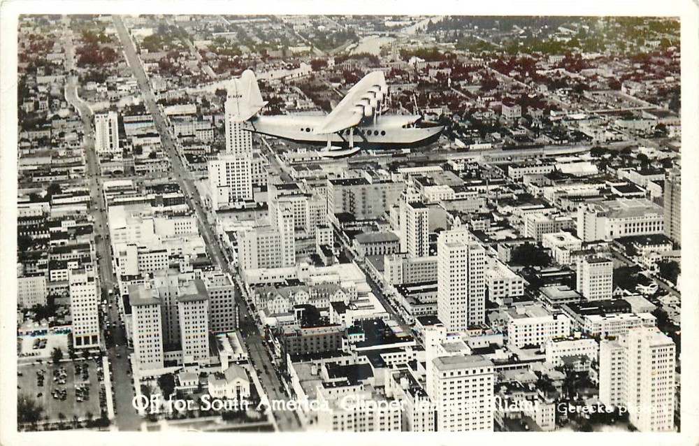 1930s Miami Florida Pan American Clipper Aircraft aerial RPPC Postcard 25-9335
