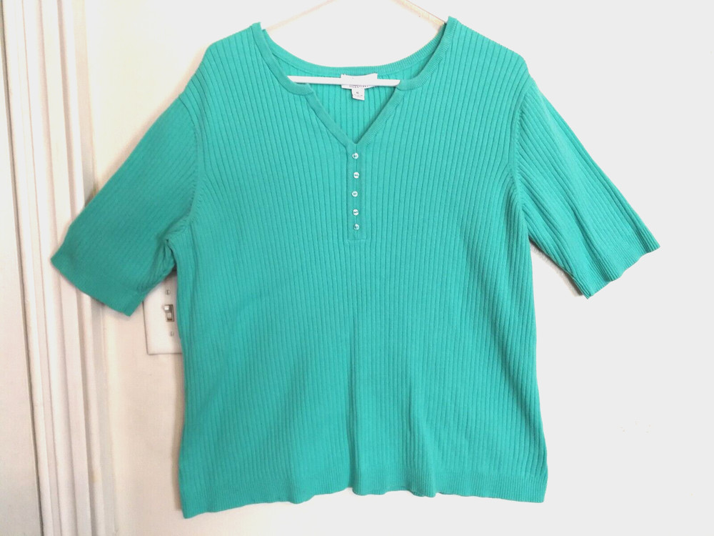 Denim & Co Womens Sweater XL Blue Essentials Knit Ribbed V-Neck Short Sleeve