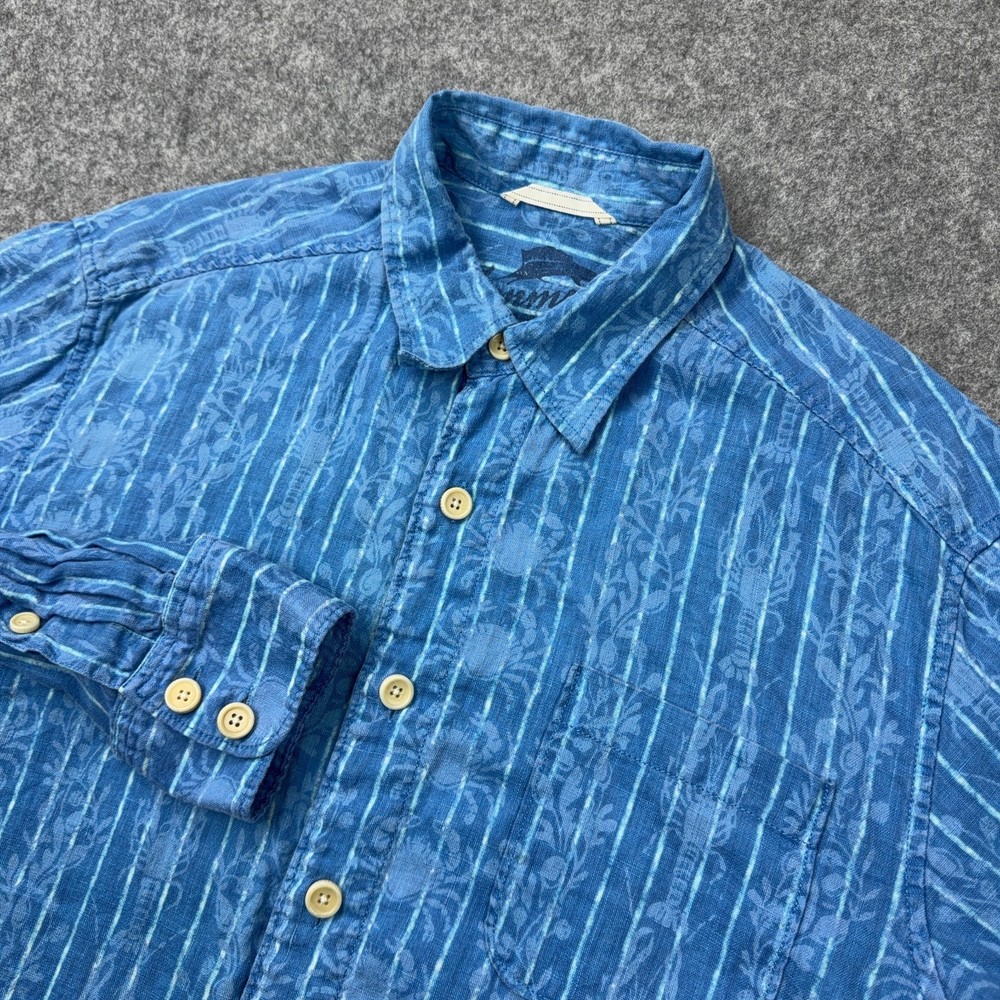 Tommy Bahama Shirt Mens Small Blue Linen Long Sleeve Button Up Crab Lobster