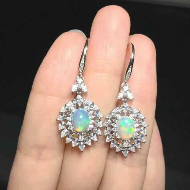 2Ct Oval Cut Simulated Fire Opal Womens Drop/Dangle Earring 14kWhite Gold Plated