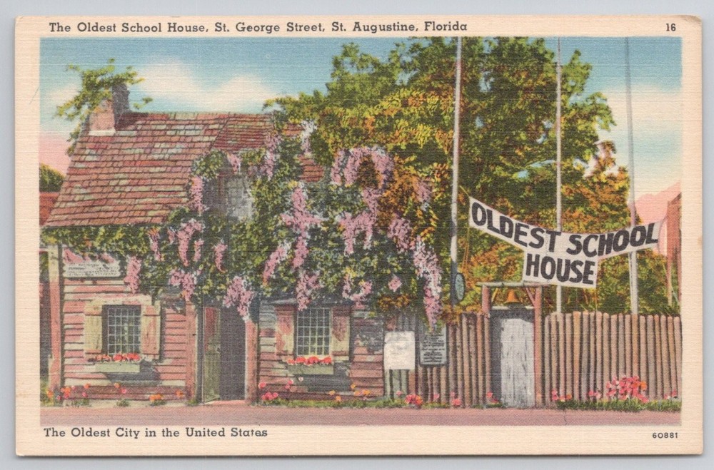Oldest School House St. Augustine Florida Postcard Tichnor Bros. 1940s Linen
