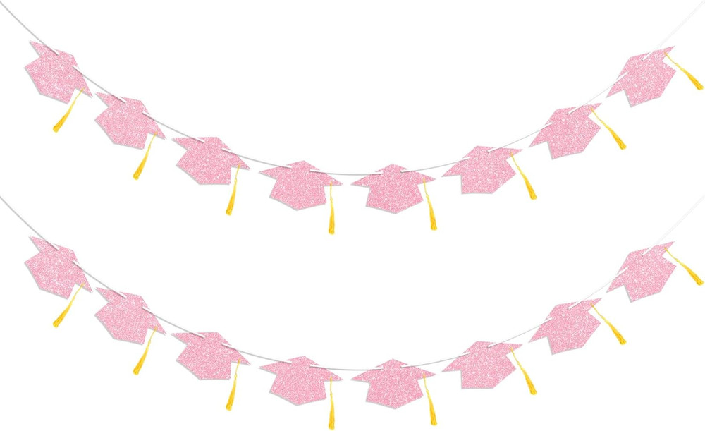 Graduation Decorations Class of 2026 Pink Graduation Cap Banner with Gold Tassel