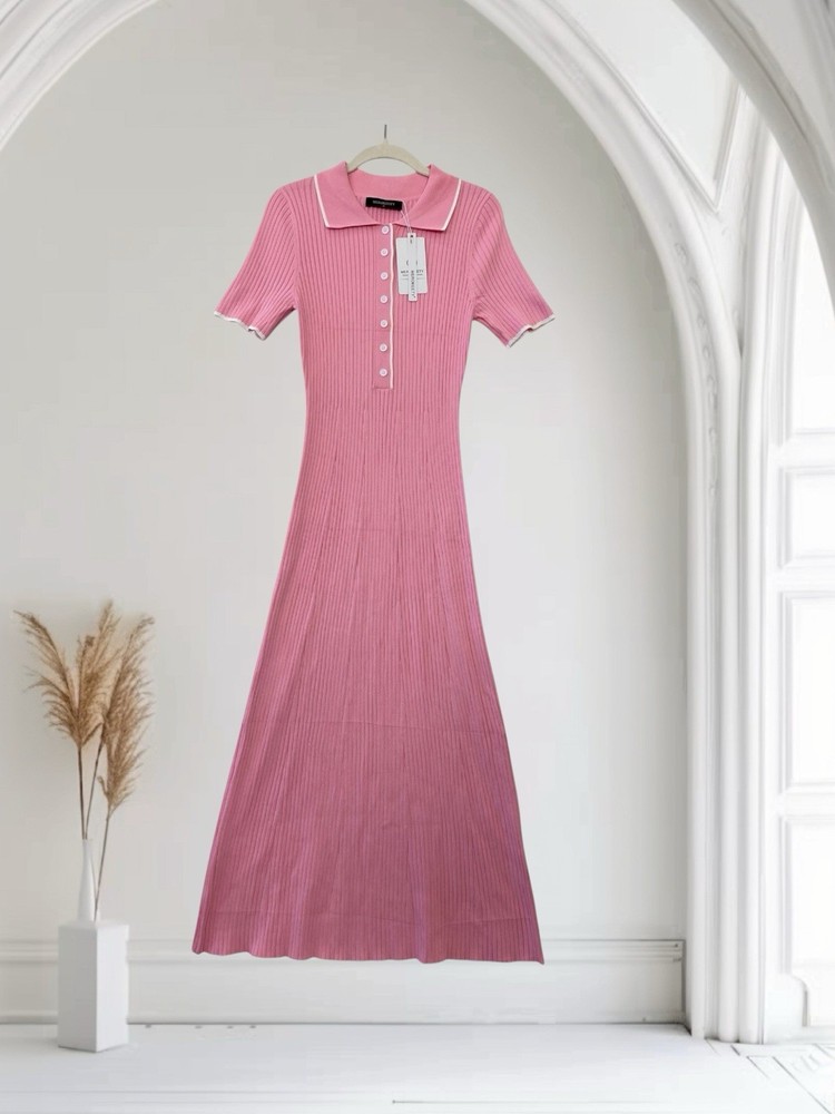 Merokeety Women’s Pink Polo Midi Sweater Dress Size Medium Soft Ribbed Knit NWT