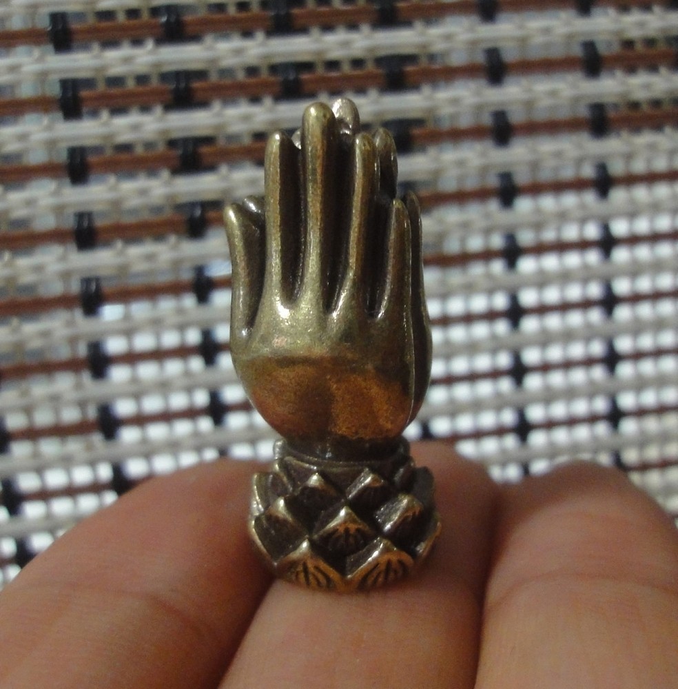 Vintage Style Solid Brass Buddha Hand on Lotus Statue for Trinket Shelf Decor