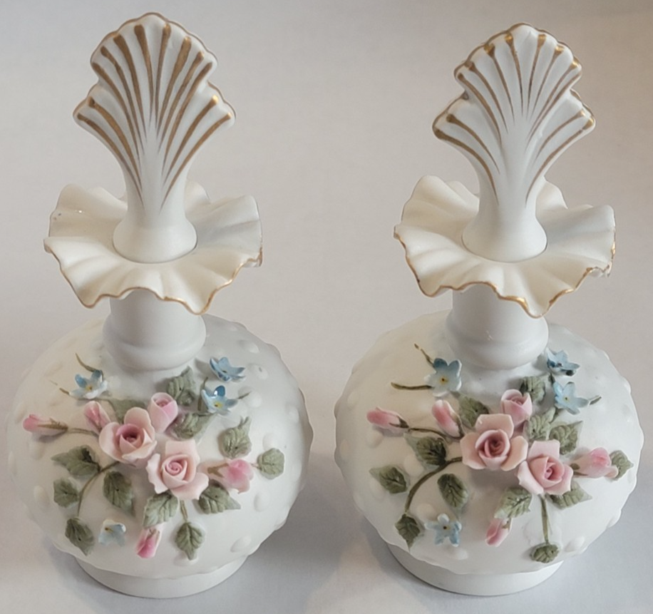 PAIR Lefton Porcelain Pink Rose/Blue Violets Decanter Perfume Bottles Gold Gilt