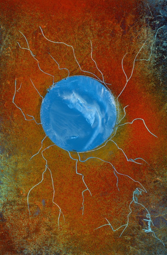 Painting of a Blue Planet with Orange Color Spark by Jason Girard with one matte