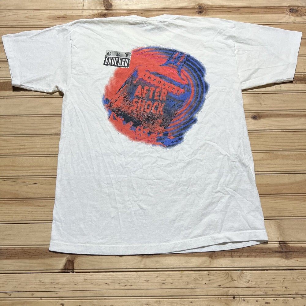 Vintage After Shock Liquor Promo T Shirt Men Size XL Double Sided White 90s