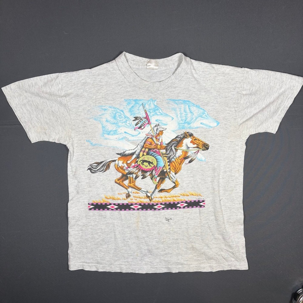 Vintage Habitat Wolf Rider Graphic T-Shirt Large Gray Horse Native American Art