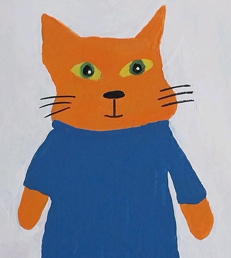 ORIGINAL Painting On Canvas Orange Cat Blue shirt 8x10 Inch Whimsical Art signed