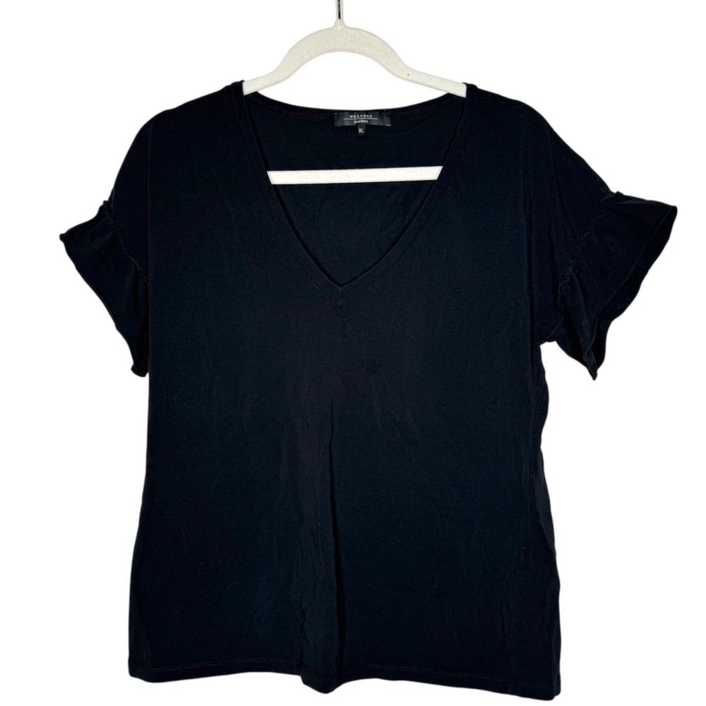 Max Mara Weekend Casual Cotton V-Neck Black T-Shirt Ruffle Sleeve Size XL