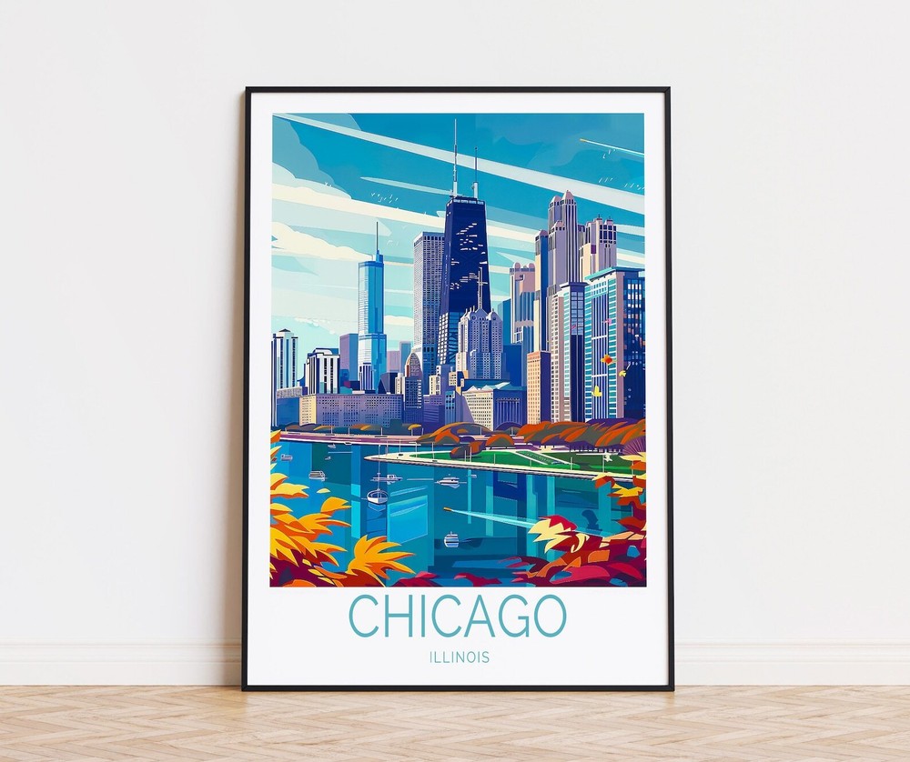 Chicago Illinois Travel Poster Illinois Print Chicago Wall Art Usa Custom