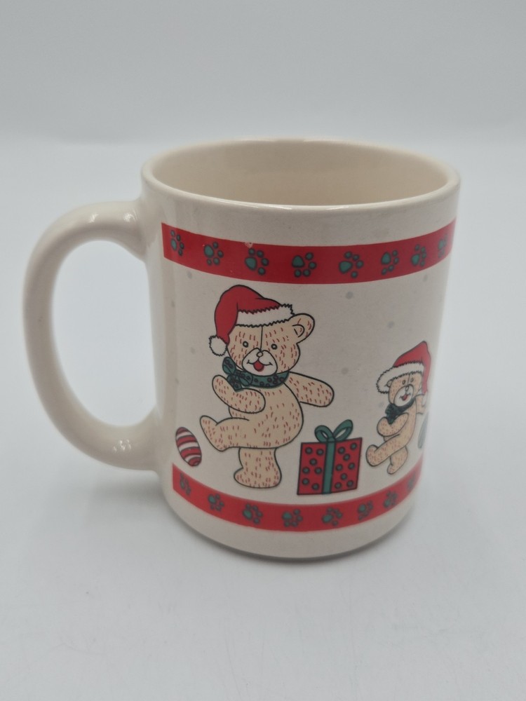 Vintage Christmas Teddy Bear Coffee Mug Holiday Tea Cup Red Trim Gifts Santa Hat