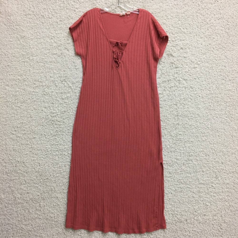Roxy Dress Large Adult Red Maxi V Neck Lace Up Ribbed Short Sleeve A Line Womens