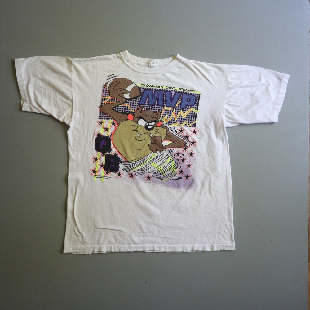 Vintage 1990s Taz MVP Looney Tunes Football Tee Size L XL 90s Cartoon Shirt