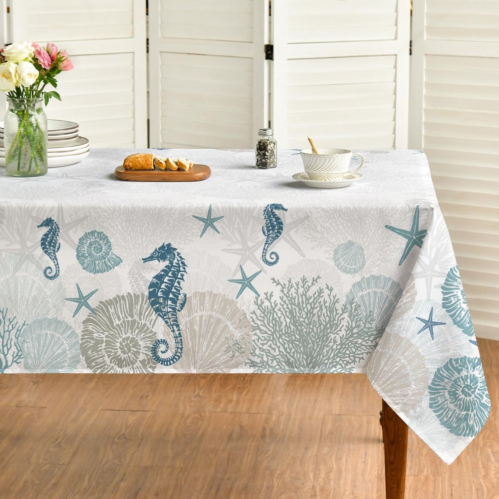 Summer Tablecloth 60Ã—84 Inch Rectangular, Sealife Hippocampus Starfish Seawe