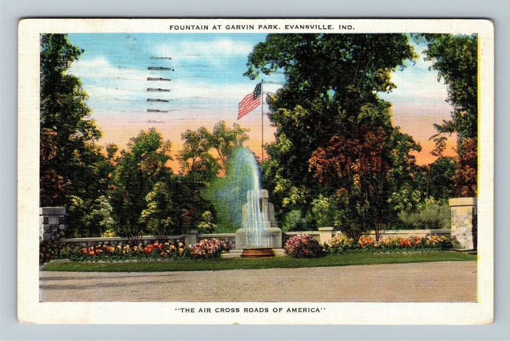 Evansville IN-Indiana, Fountain At Garvin Park, c1938 Vintage Postcard