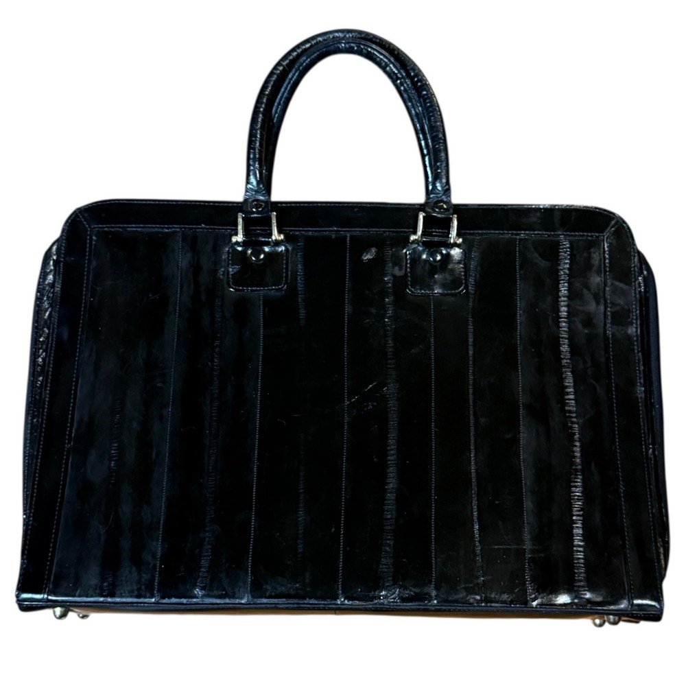 Vintage Black Eel Skin Briefcase High Polish Double Handle Full Zip