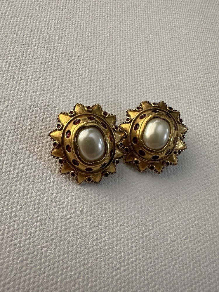 Vintage MMA PML Pearl & Ruby Earrings - 24k Gold Plated Museum Jewelry