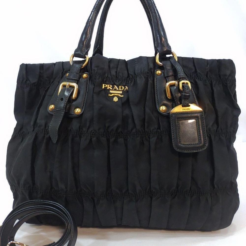 Prada Black Leather and Nylon 2-Way Shoulder Bag with Gathered Detail