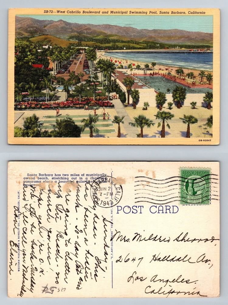 Santa Barbara, CA-California Cabrillo Blvd Municipal Pool Vintage c1943 Postcard